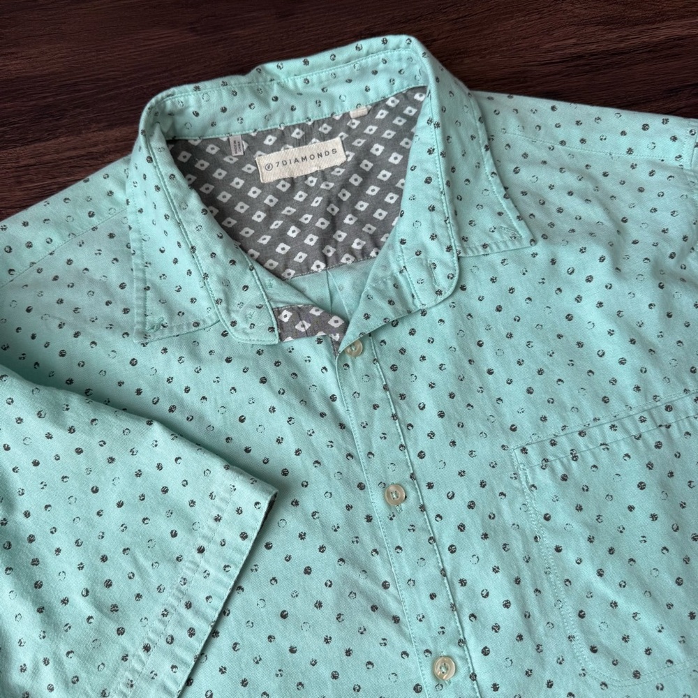 7 Diamonds Shirt Mens Mint Green Gray XL Short Sleeve Button Geometric Contrast